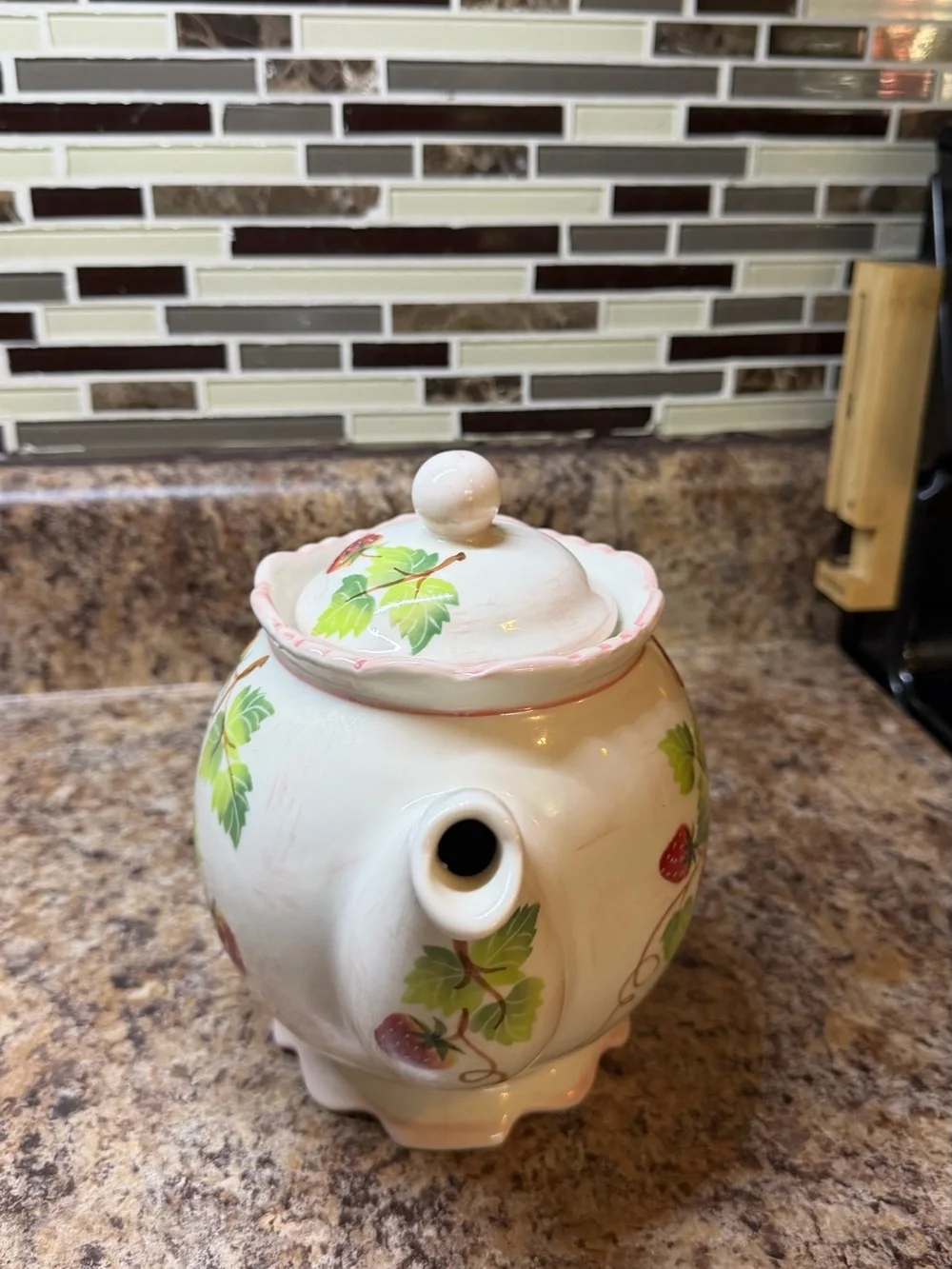 Strawberry Print Ceramic Teapot with Pink Trim